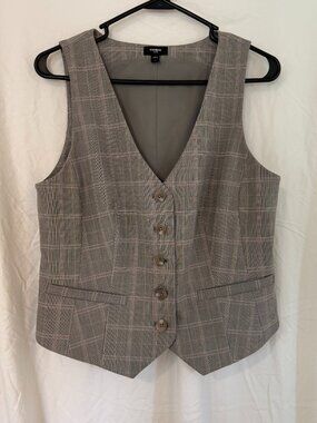 Express Editor Blazer Vest Women's Gray Large Plaid Five Button Front Pockets